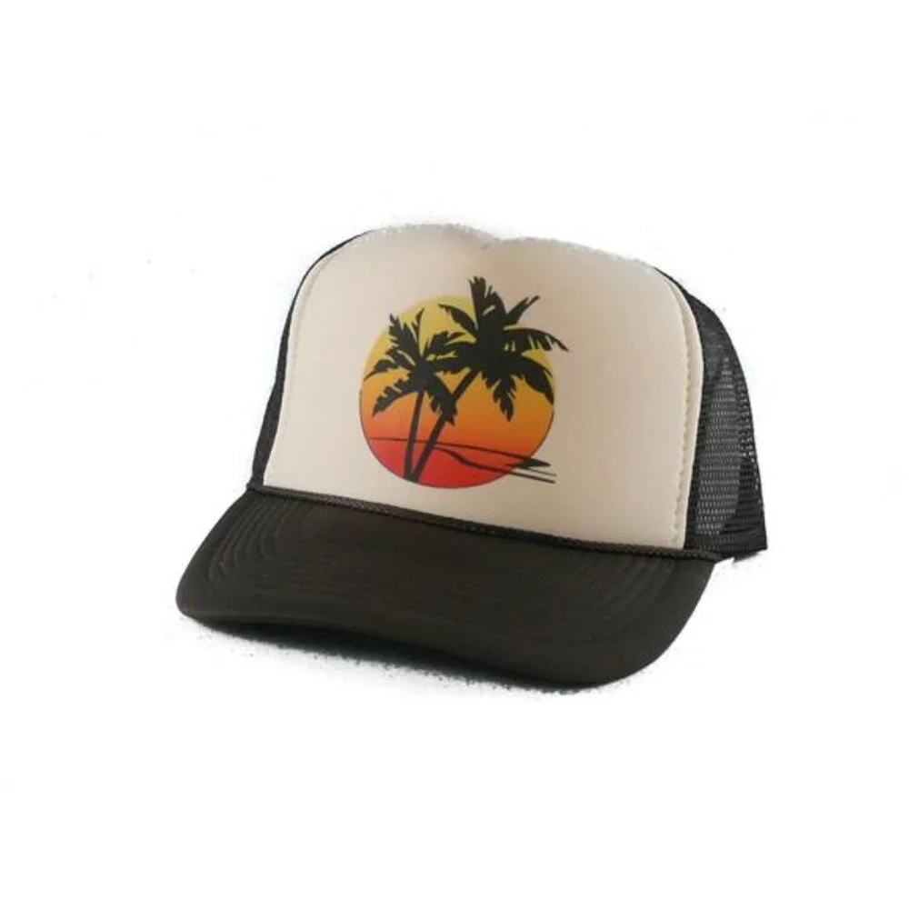 Sunset Palm Brown Trucker Hat Cap Retro Mesh Brach Wear Vintage Style USA Print